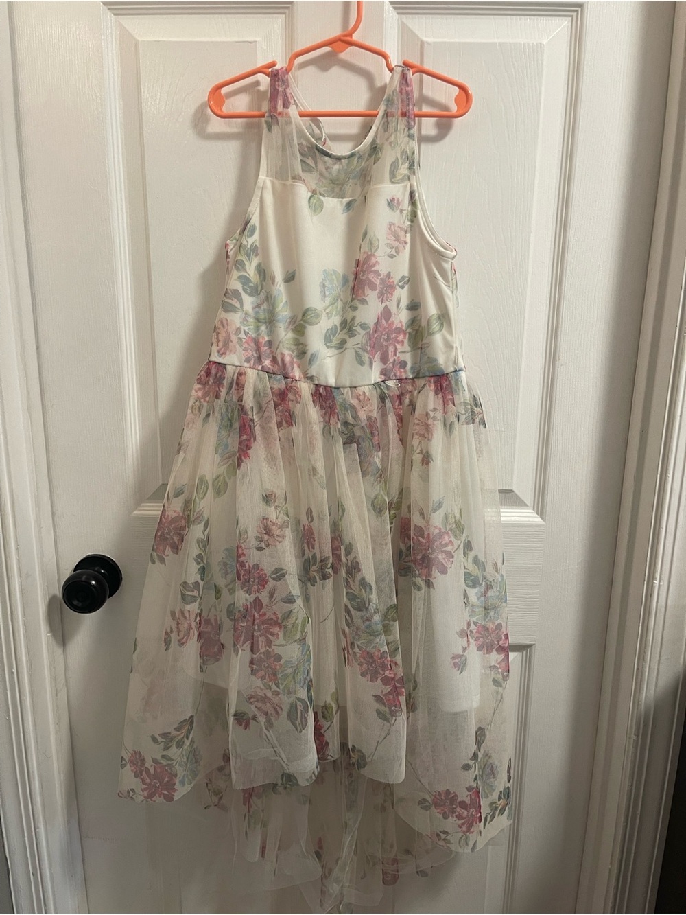 Girls' White Floral Tulle Party Dress with Pink Accents